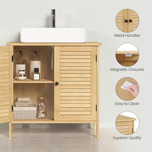EUGAD Waschbeckenunterschrank, Badezimmer Unterschrank, aus natürlichem Material, Waschtischunterschrank, Badezimmerschrank mit 2 Lamellentüren 1 Verstellbarer Ablage, 60x60x30 cm