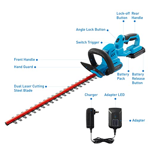 Wisetool Cordless Hedge Trimmer, 20V Electric Bush Trimmer With 22" Dual-Action Blades, 3/4" Cutting Capacity, Shrub Trimmer Include 2.0Ah Battery, Fast Charger And Protection Glasses #TOP6