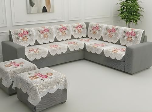 Image of Fab Nation Sofa Cover L Shape 7 Seater with Corner L Type Fully Covered Sofa Set for Living Room | Cotton Sofa Slipcovers for 4 + 3 Seaters Cover + 2 Setty Cover Set | Yellow Diamond