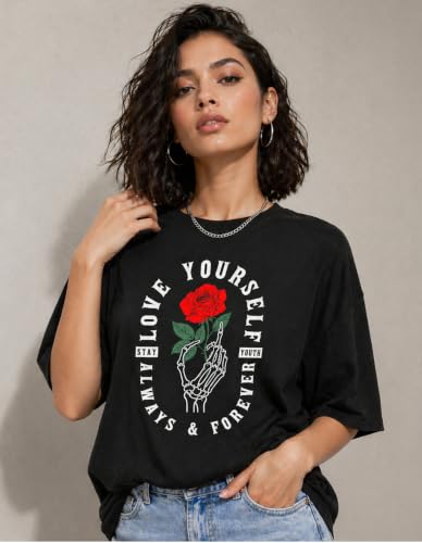 Image of London Hills Oversized Tshirt for Woman | t Shirt for Woman Oversized Fit Printed Round Neck | Tops for Woman's | Women t Shirt Loose Fit Drop Shoulder | t Shirts for Women | Western Tops