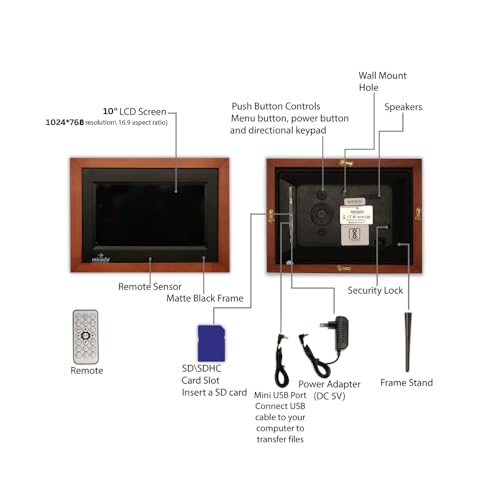 Image of MIRACLE DIGITAL 10 inch IPS Wooden Digital Photo Frame | 8GB Memory, 2GB RAM | High-Def Display, USB & SD Card Support | Slideshow, Video, Audio | 180 Wide Viewing Angle (Dark Wood)