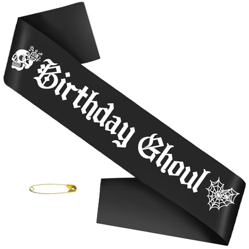 Black Birthday Ghoul Sash with White Glitter Printing Letters -