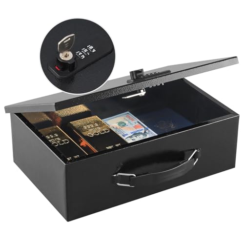 KYODOLED Fireproof Lock Box for Documents, Dual Combination and Key Lock Security with Carrying Handle, Metal Strong Safe Box to Keep Personal Items,Documents, Exterior 12.8' x 8.4' x 4.5', Black