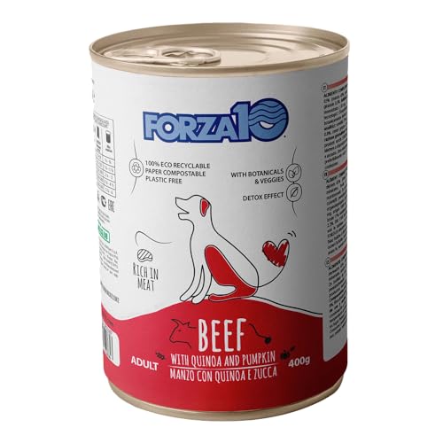 Forza 10 Umido Cane gusto MANZO, alimento completo di mantenimento per cani adulti di tutte le taglie e razze, for dogs, beef | 6 scatolette da 400 grammi l'una.
