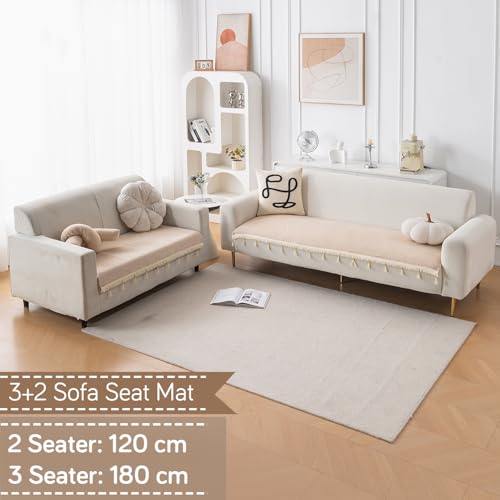 Image of HOKIPO 'Serenity Tassel' Chenille Sofa Cover 5 Seater Set with Tassels - Washable 3+2 Sofa Cover Mat | Ivory Fringe (IN-891 + IN-892 - BGE)