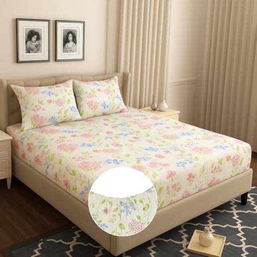 Image of HOMEKART 120 TC Cotton Rich Elastic Corner Fitted Bedsheet with 2 Pillow Covers | Double Bed 72x68+6 Inches | Wrinkle-Free, Super Soft & Breathable Floral Design | Pink & Blue