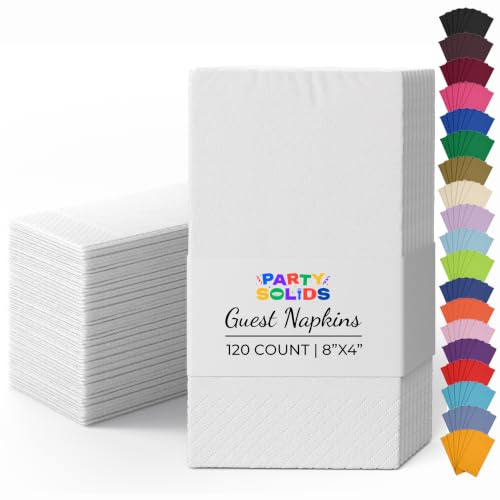 Party Solids White Dinner Napkins Disposable 8"x4" Paper Napkins 120 Pcs | 2 Ply White Napkins Everyday, Absorbent Paper Dinner Napkins for Party, Dinners, Birthdays & Party Supplies