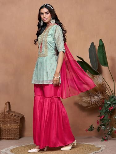 Image of EthnicJunction Womens Chanderi Silk Embroidered A-Line Kurta with Sharara & Dupatta | sharara Set | Wedding Outfit | Heavy Outfit