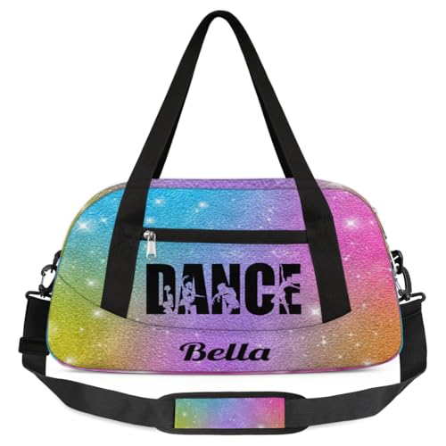 Personalized Custom Girls Dance Bag, Custom Name Sports Gym Bag Kids Duffel Bags Customized Travel Duffel Bag Overnight Weekender Sleepover Tote Bag for Girls, Colorful Glitter Dance