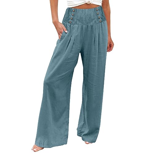Linen Pants Women Summer High Waisted Cotton Linen Palazzo Pants Wide Leg Long Lounge Pants Work Trousers with Pocket2