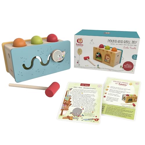 Image of Bababoo & Friends Little Castle Pound and Roll Toy, Wooden Multifunction Knocking Bench for Toddlers 12+ Months, 9 inch, Promotes Fine Motor Skills, Dexterity, Cause & Effect Learning, Includes Playtales
