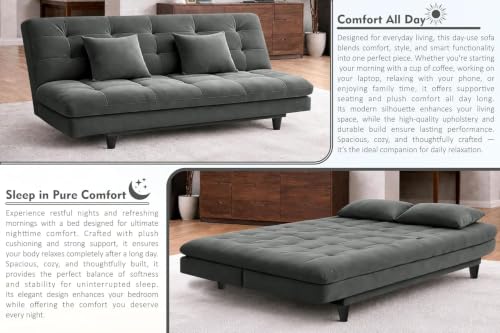 Image of Rosebell Modern Wooden 3-Seater Sofa Cum Bed Foldable Velevt Fabric Sofa for Living Room, Guest Room & Office-Grey-Color