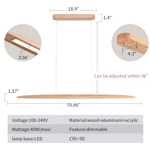 Image of YISDESIGN 71 inch 40W Wood LED Linear Pendant Light Fixture Led Dining Room Light Dimmable Hanging Light Fixture for Dining Room Kitchen Island Pool Table Lights Natural Ash