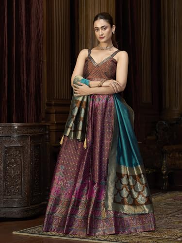 Image of PURVAJA Women's Kanjiwaram Semi-Stitched Lehenga choli