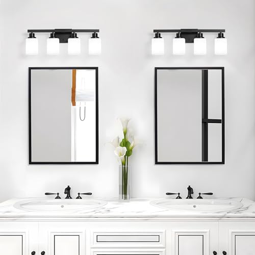 Image of 4-Light Bathroom Vanity Light, Modern Matte Black Bathroom Light Fixtures with Square Frosted Glass, Wall Sconces fixtures Over Mirror Restroom,Living Room Hallway E26