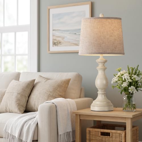 Image of PARTPHONER Traditional Table Lamp Set of 2, Rustic Farmhouse Table Lamps for Living Room Bedroom, 27 inch Bedside Desk Lamps Vintage Nightstand Lamps with Linen Shades, Antique White