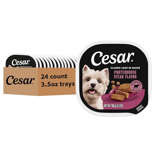 Image of Cesar Classic Loaf Wet Dog Food, Porterhouse Steak, 3.5 oz, 24 Count | Made in USA, Real beef #1 ingredient, slow-cooked tender texture, easy peel trays, no fillers /added sugar /artificial flavor