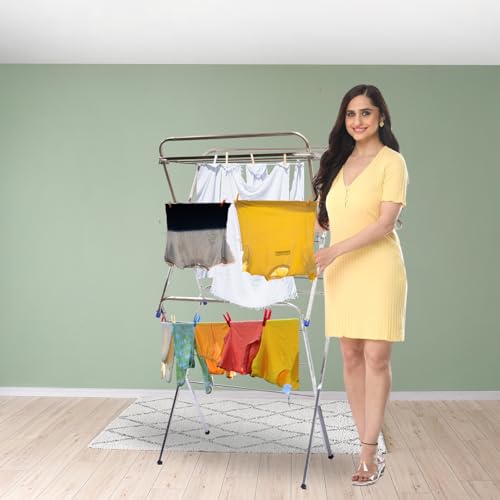 Image of DWET Stainless Steel Heavy Duty Foldable Cloth Drying Stand Sturdy Laundry Rack and Space-Saving Clothes Stand 13 Rod Use for Indoor | Outdoor | Balcony (Silver)