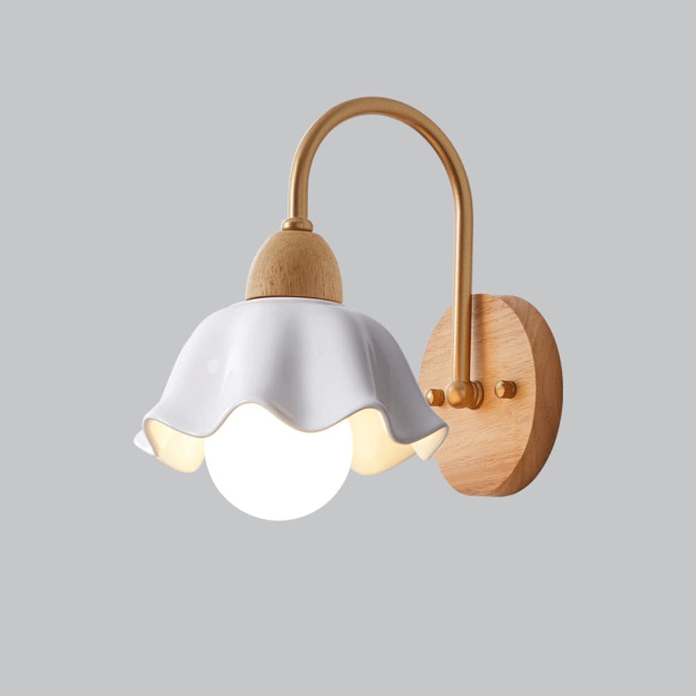 KXEcoLife Modern Wooden Wall Lamp White Glass Light, Creative Wood Chassis Sconce E27 Screw Base, Bedroom Living Room Aisle Wall-Mounted Lighting Fixture