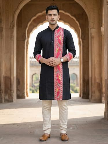 Image of Men's Jamdani Printed Kurta Pajama Set | Pure Cotton Ethnic Kurta with Mandarin Collar & Dupion Silk Pyjama | Festive & Weddings 303A12A 303SB12B(M XXL)