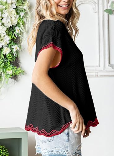 Dokotoo Womens Summer Tops Casual Short Sleeve Wavy Crochet Crewneck Color Block Lightweight Knit Loose Pullover Sweaters4
