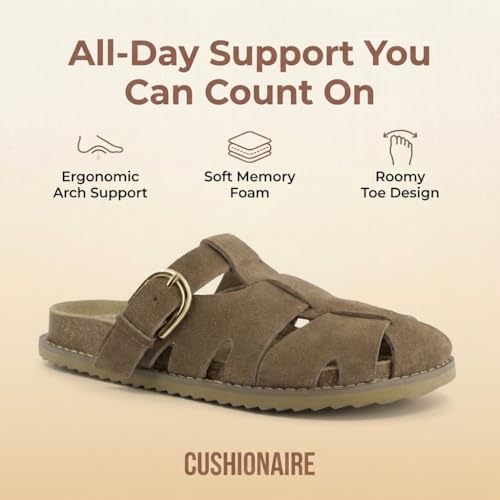 CUSHIONAIRE Benson Fisherman Sandals for Women 2025 – Suede Slip On Closed Toe Womens Clogs with Memory Foam Cork Footbed and Arch Support, TAUPE 11W by CUSHIONAIRE - Used condition - Image 4