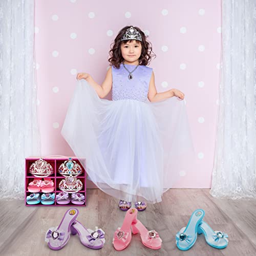 Toycost Princess Dress Up Shoes and Jewelry Boutique Set with 3 Pairs Pretend Play Shoes and Multiple Princess Jewelry Accessories for Little Girls, 3 Tiaras, 3 Earrings, 3 Rings, 3 Necklace, 1 Gloves