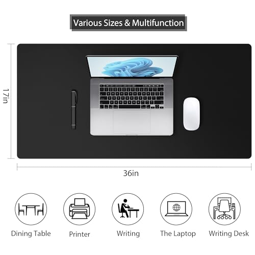 Mouse Pad Desk Protector Mat, Large PU Leather Office Desk Mat, Non-slip Desk Pad for Keyboard and Mouse, Waterproof Desk Blotter Pad for Writing, Wide & Smooth Laptop Desk Pads, Black (17’’X36’’) - Thumbnail 2