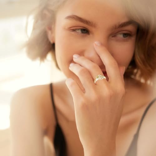 Birthstone Two heart Promise Rings Solid 10k 14k 18k Yellow Gold with Engraved 2 Names Customized 2 Birthstones For Grandma Mom Wife4