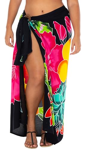 SHU-SHI Womens Plus Size Sarong Hibiscus Floral Pareo Cover Up Bathing suit Women Flower Beach Wrap Long Pool Resort Skirt