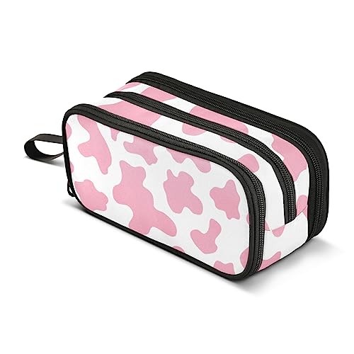 Image of Pencil Case Big Capacity Pink Milk Cow Print Handheld 3 Compartments Pencil Pouch Portable Large Storage Canvas Pencil Bag for Boys Girls Adults Students