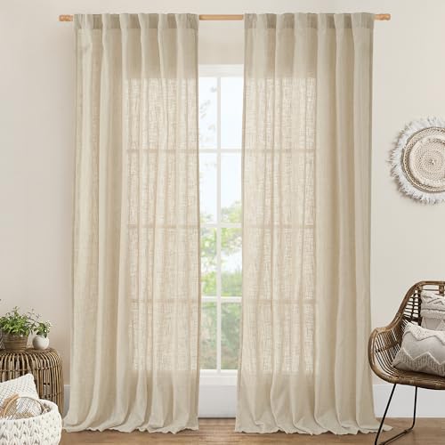LAMIT Natural Linen Blended Curtains for Living Room, Back Tab and Rod Pocket Semi Sheer Curtains Light Filtering Country Rustic Drapes for Bedroom/Farmhouse, 2 Panels,52 x 120 Inch, Linen