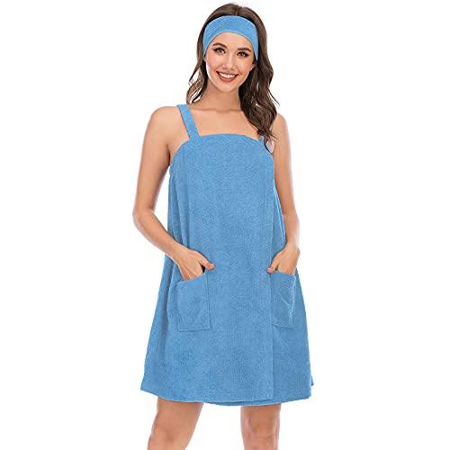 ANUFER Womens Adjustable Bath Towel Wraps with Headband for Gym Shower Spa & Beach Cover Ups Blue M