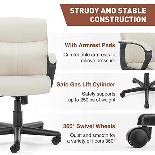 Mid-Back Office Chair, Home Office Desk Chair With Armrests, Adjustable Height, Lumbar Support - Pu Leather Desk Chair With Wheels, Cream. #TOP6