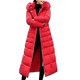 Onsoyours Damen Winterjacke Lange Daunenjacke Warm Parka Jacke mit Fellkapuze Steppjacke Wintermantel Casual Daunenmantel A Rot L