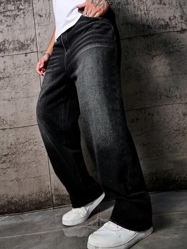 Image of AVANOVA Men's Baggy Fit Jeans- Solid Washed Denim Straight Wide-Leg | Streetwear Casual Dailywear Pants for Men | Trendy Loose-Fit Mid-Waist Denim Trousers (Jeans 247)