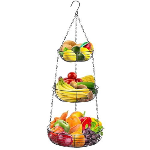 Kongming Obstkorb Hängend Schwarz 3 Etagen Hängekorb Küche Metall Hängender Obstkorb mit Haken für aufbewahrung Obst Gemüse Brot und Lebensmitteln H x D: 84 x 29 cm