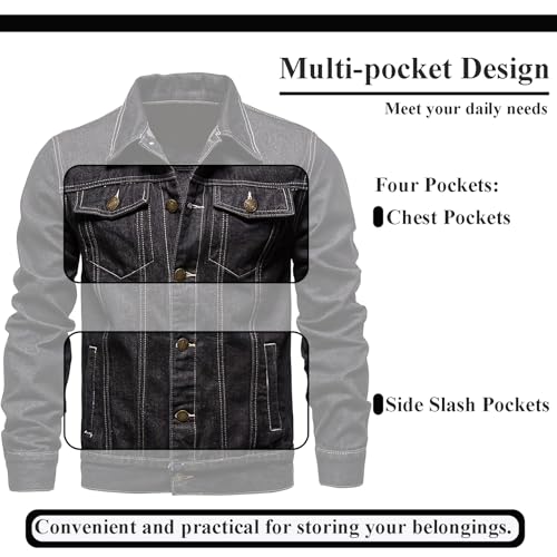 Image of Men's Denim Jacket Vintage-Inspired Jean Jacket with Multiple Pockets - Cotton Blend, Machine Washable