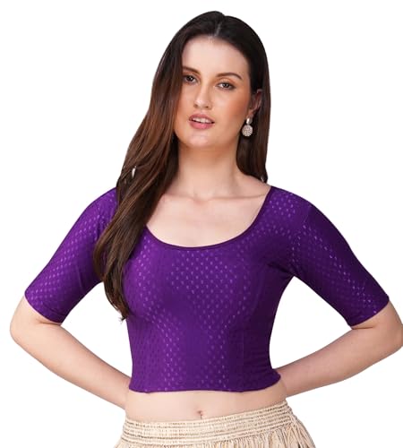 Image of Fressia Fabrics Pure Cotton 4-Way Stretch Readymade Blouse for Women | Free Size to 4XL Stretchable Round Neck Dobby Cotton Half Sleeve Readymade Saree Blouse for Women Stylish