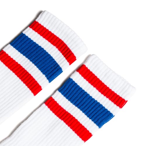 All American White Crew Socks | Red and Blue Striped | Made in USA | One Pair (S/M, Men's 6-9)2