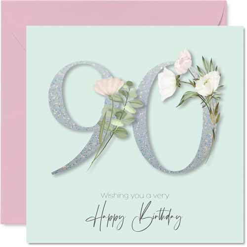 Stuff4 90th Birthday Cards for Women - Fancy Floral Flowers - Happy Birthday Card for 90 Year Old Woman Granny Grandma Nanny Grandma, 145mm Bday Greeting Cards