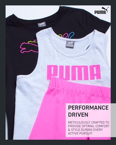 Image of PUMA Girls' Active Shorts Set - 3 Piece Performance T-Shirt, Tank Top, Bike Shorts - Summer Athletic Outfit for Girls (7-14)