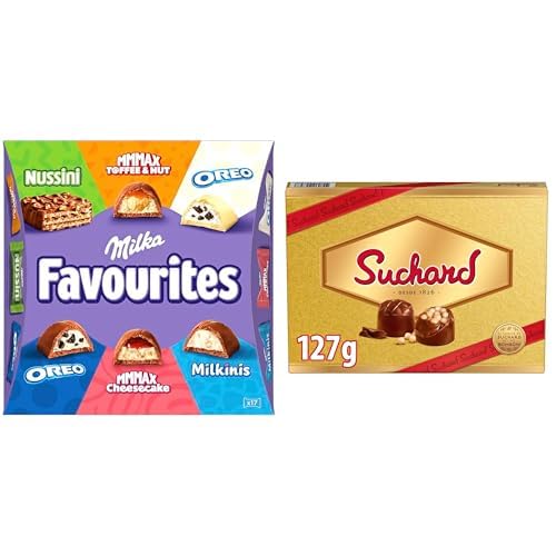 Milka Favourites, Surtido de Bombones Envueltos Individualmente -141 g + Bombones Suchard, Caja de 14 Bombones de Chocolate con Leche y Arroz Inflado- 127 g