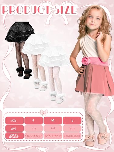 3 Pairs Girls Lace Tights for Kids Bow Sheer Fishnet Stockings Dance Pantyhose for Halloween Christmas3