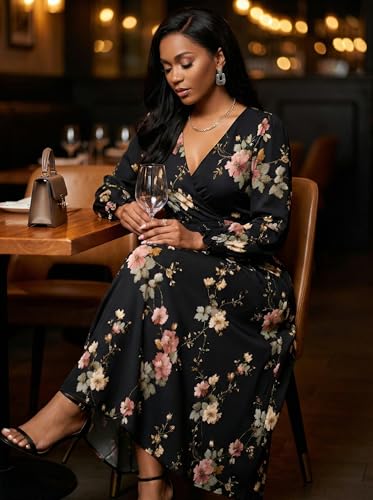 Image of SUZONANA Plus Size Dresses for Women Floral Print Maxi Dress Flowy 3 /4 Sleeve with Belt