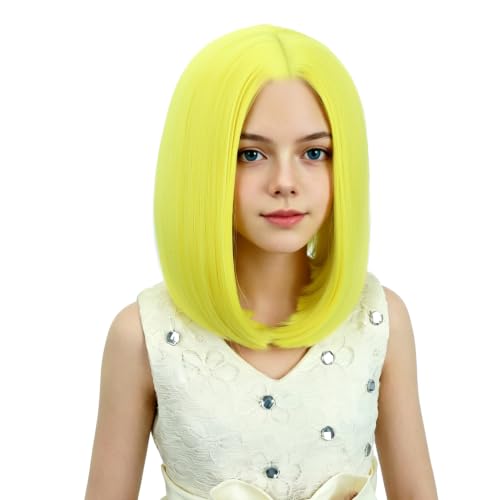 Image of Kids Yellow Wig Girls Light Yellow Bob Wig Child Short Bob Wig Middle Part Wig for Kids Synthetic Wigs with Wig Cap