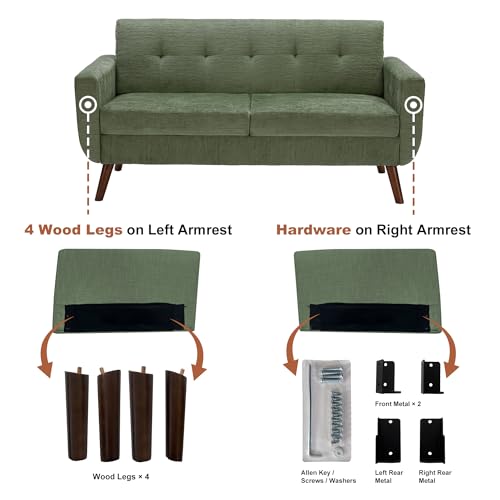 Tbfit 65" W Loveseat Sofa, Mid Century Modern Couches Love Seats for Living Room, Button Tufted Upholstered Small Couch for Bedroom, Solid and Easy to Install Love Seats Furniture, Green