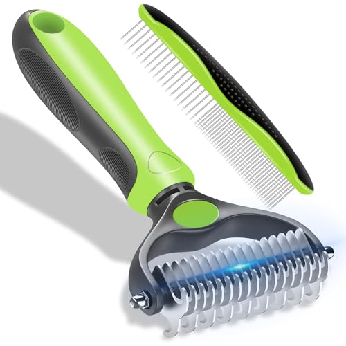 Dog Grooming Brush and Metal Comb, Undercoat Rake for Dogs Grooming Supplies Dematting Deshedding Brush comb for Shedding (Green)
