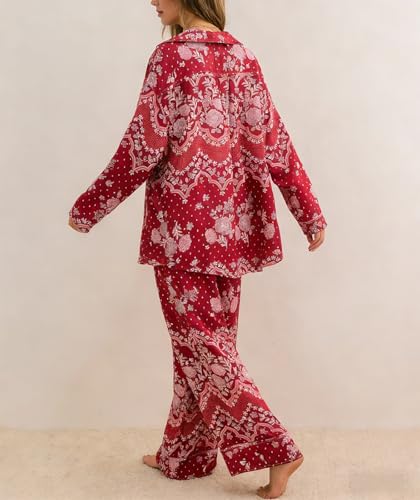 Image of Women Satin Pajama Set Floral Silk Pajamas 2 Piece Lounge Sets Button Down Shirts Wide Leg Pants Pjs Sleepwear