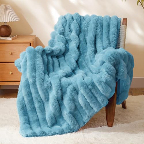 Image of BEDELITE Faux Fur Throw Blanket for Couch, 770GSM, 50 inch x 60 inch, Light Blue | Soft and Cozy Luxurious 3D Striped Fluffy Blanket, Warm Plush Fuzzy Faux Rabbit Fur for Women Gift, Stylish Room Decor